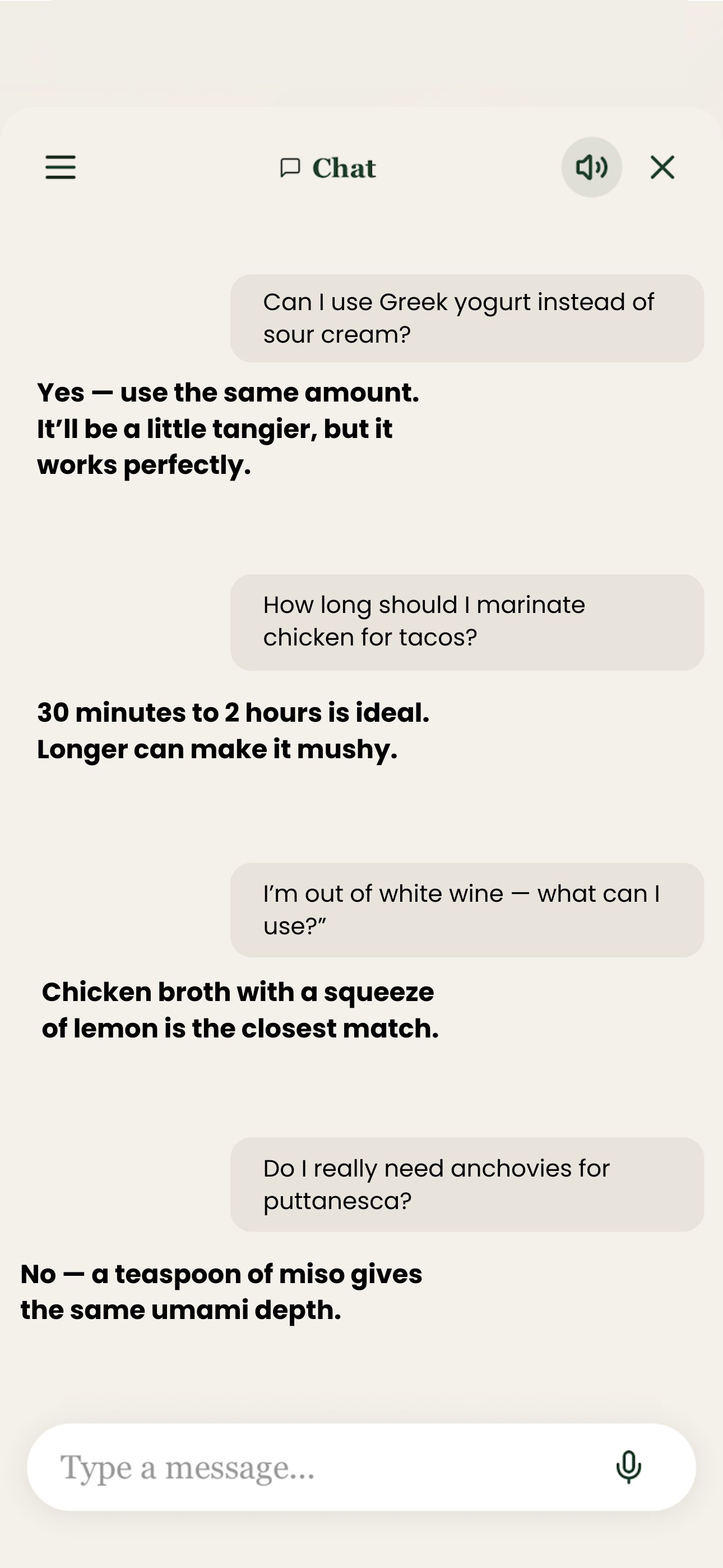 Recipe Q&A screen